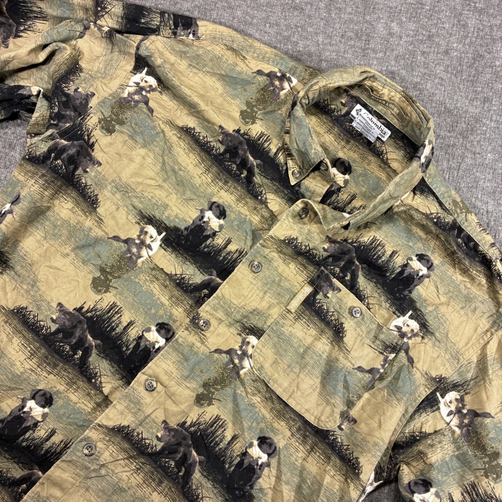 Columbia Button Up Shirt Men Large Green Vintage Dog Hunting Pattern Long Sleeve